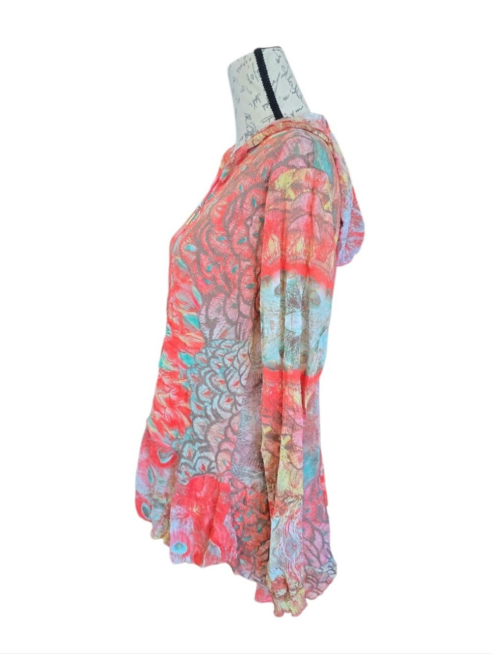 Vine Street Multicolor Coral Abstract Peacock Print Zip Up Hooded Crinkle Top M - Picture 3 of 7
